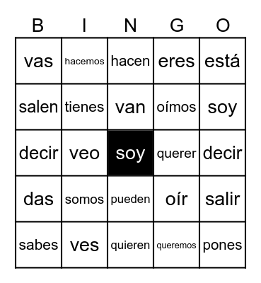 Sweet 16 Verbs Bingo Card