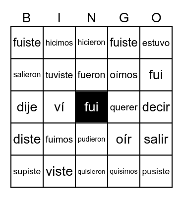 Sweet 16 Verbs pretérito Bingo Card
