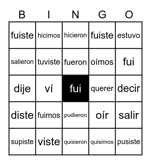 Sweet 16 Verbs pretérito Bingo Card