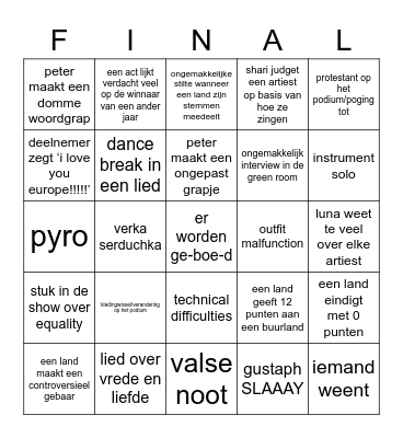 EUROVISION Bingo Card