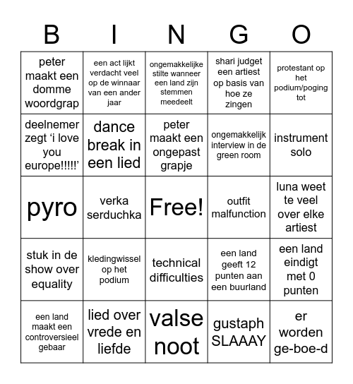 EUROVISION Bingo Card