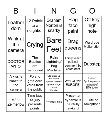 EUROVISION 2023 Bingo Card