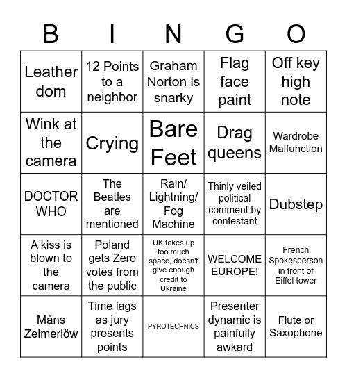 EUROVISION 2023 Bingo Card