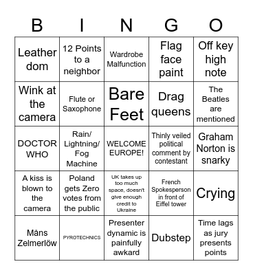 EUROVISION 2023 Bingo Card