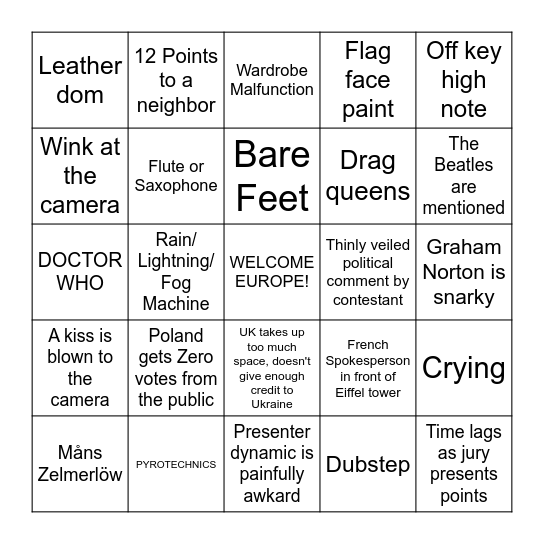 EUROVISION 2023 Bingo Card