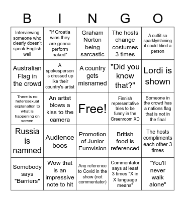 Eurovision Bingo Card