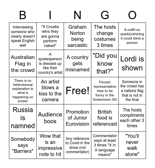 Eurovision Bingo Card