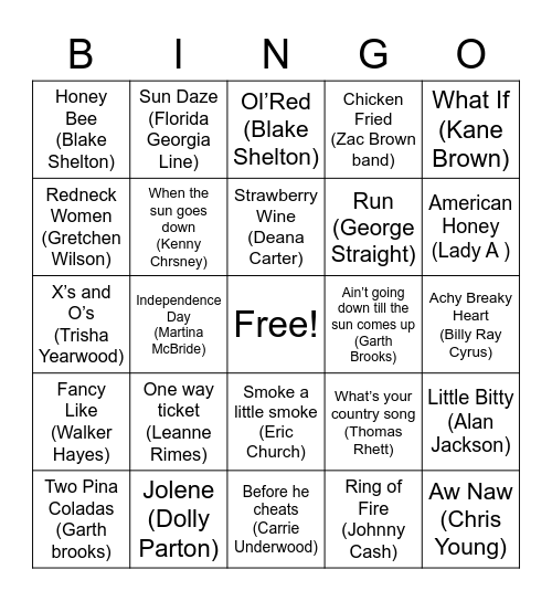 Crunchy Country Bingo Card