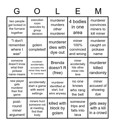Golem Bingo Card