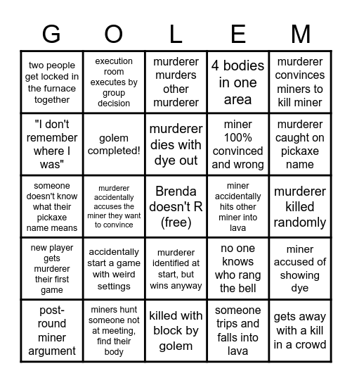 Golem Bingo Card