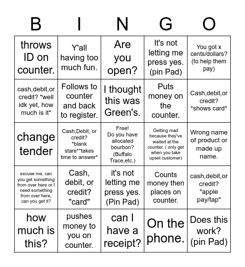 LIQ.Store Cashier's Bingo Card