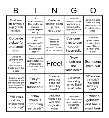 Petco Bingo Card