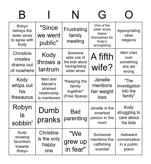 Sister Wives Bingo Card