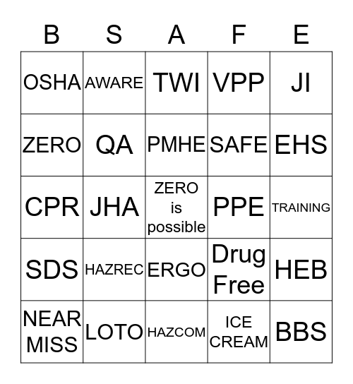 HEB Safety Bingo Card