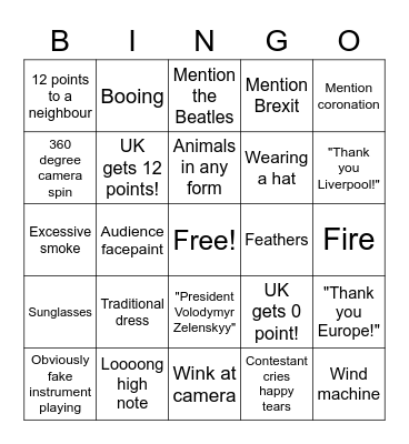 Eurovision 2023 Bingo Card