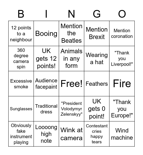 Eurovision 2023 Bingo Card