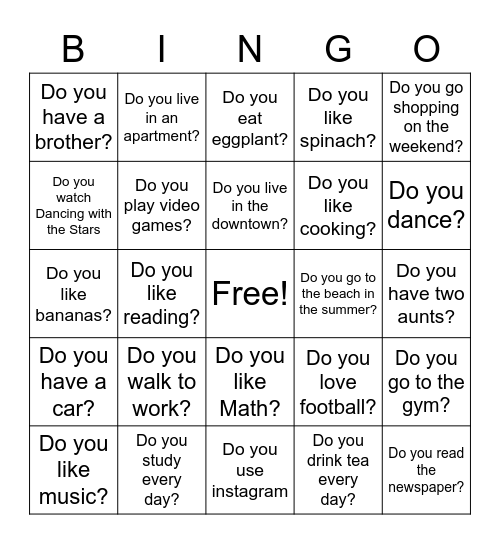 Present Simple Bingo Card