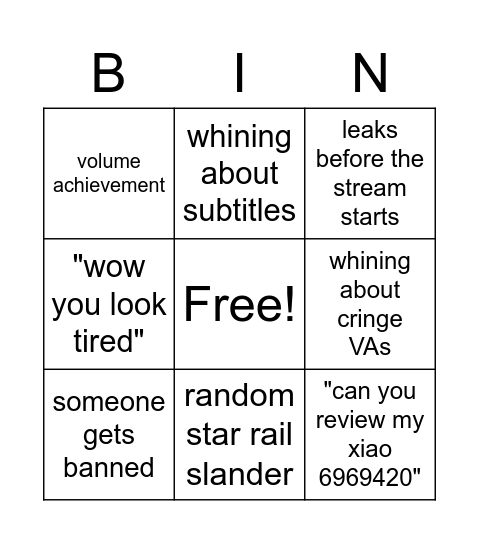 livestream Bingo Card