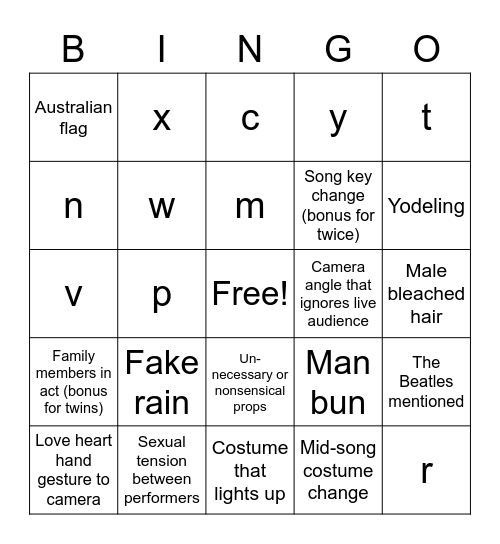 Eurovision 2023 Bingo Card