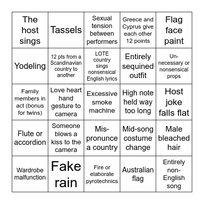 Eurovision 2023 Bingo Card