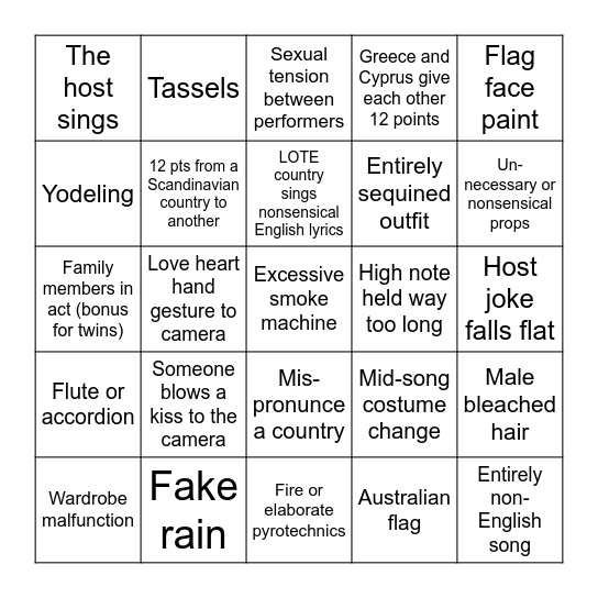 Eurovision 2023 Bingo Card