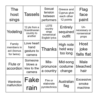 Eurovision 2023 Bingo Card