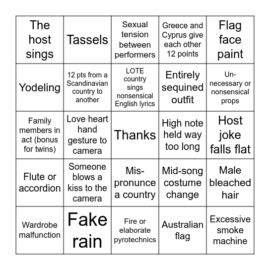 Eurovision 2023 Bingo Card