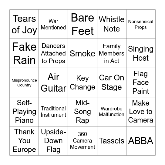 Eurovision 2023 Bingo Card