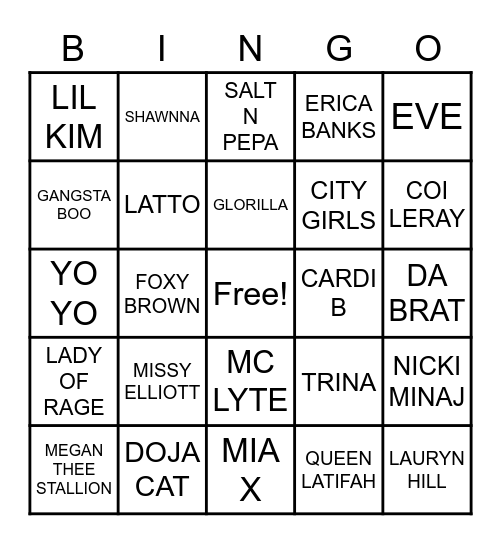 "FEMALE RAPPERS" Bingo Card