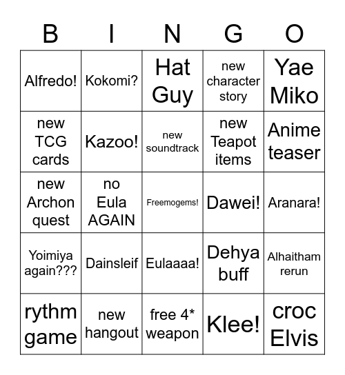 Genshin 3.7 Livestream bingo Card