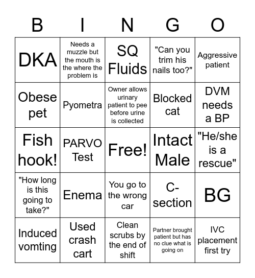 ER Vet Med Bingo Card