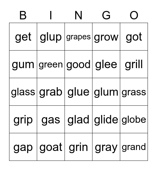 G - GL -GR Bingo Card