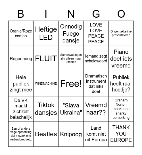 EUROVISIE FINALE Bingo Card