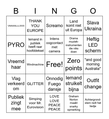 EUROVISIE FINALE 2023 Bingo Card