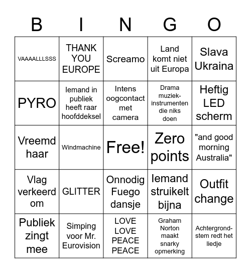 EUROVISIE FINALE 2023 Bingo Card