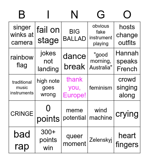 EUROVISION FINAL Bingo Card