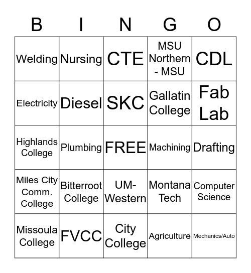 Bitterroot College Trade Show Bingo Card