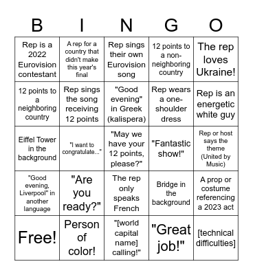 Eurovision Spokesperson Bingo (abbreviated as "rep" for brevity) Bingo Card