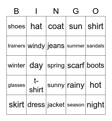 CLOTHES and WEATHER Bingo Card