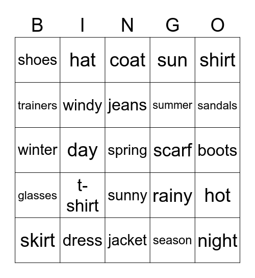CLOTHES and WEATHER Bingo Card