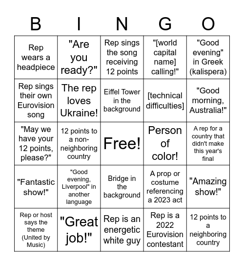 Eurovision Spokesperson Bingo (abbreviated as "rep" for brevity) Bingo Card