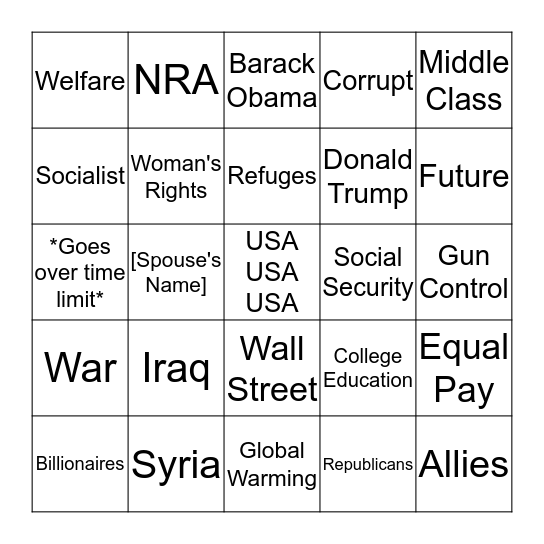 Democratic Debate 2016 Bingo Card