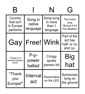 Eurovision 2023 Bingo Card