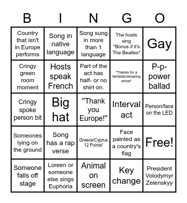 Eurovision 2023 Bingo Card