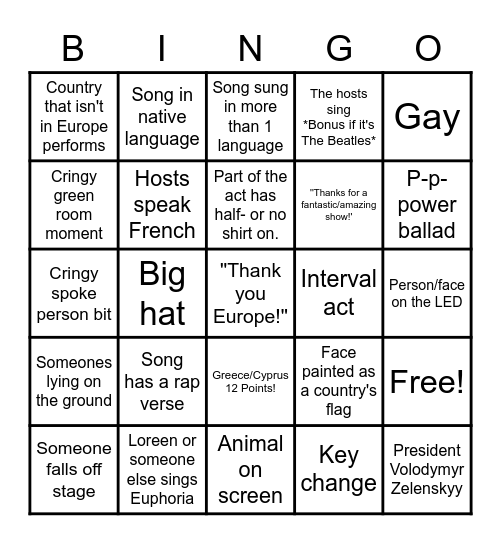 Eurovision 2023 Bingo Card