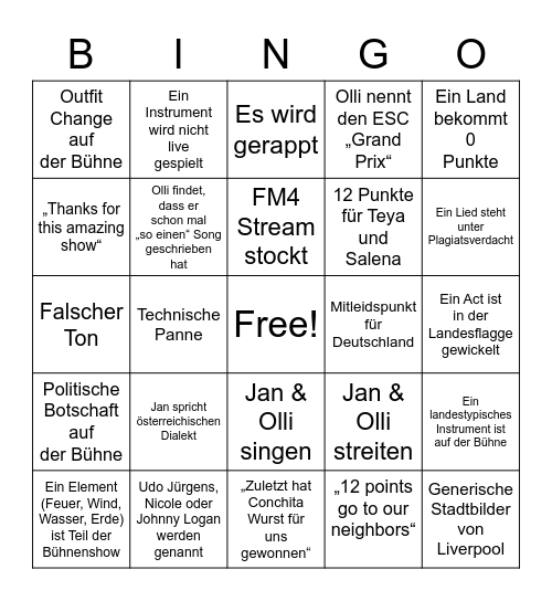 ESC Bingo 2023 Bingo Card