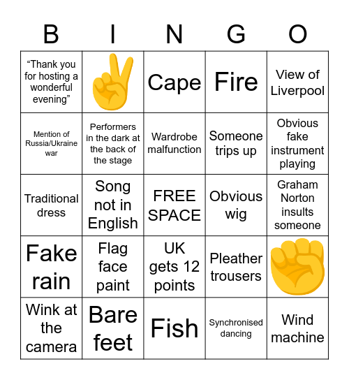 Eurovision 2023 Bingo Card