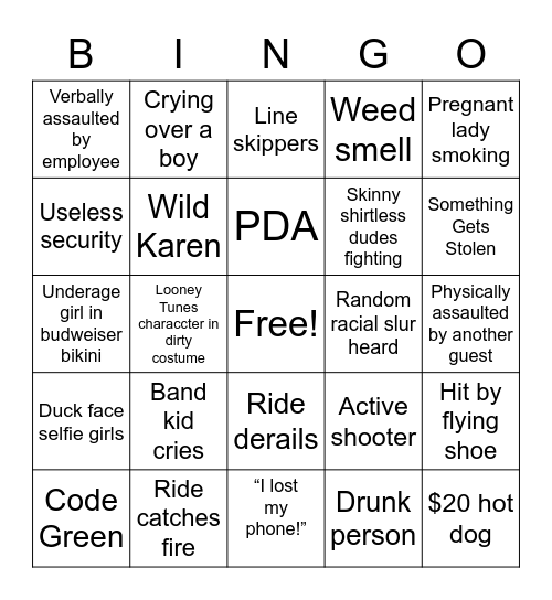 PJHS Six Flags Bingo Card
