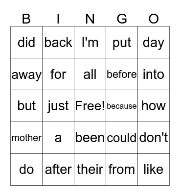 First Grade Sight Words Bingo Card
