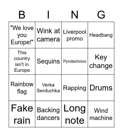 Eurovision Bingo Card